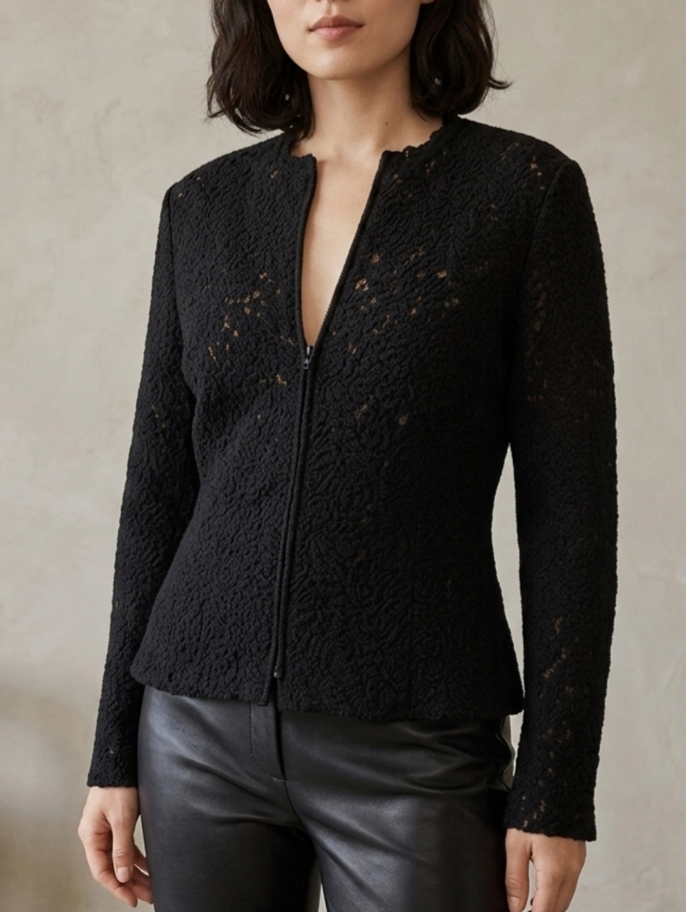 Sz M Georges Rech Synonyme Wool Lace Black Designer Zip Cardigan